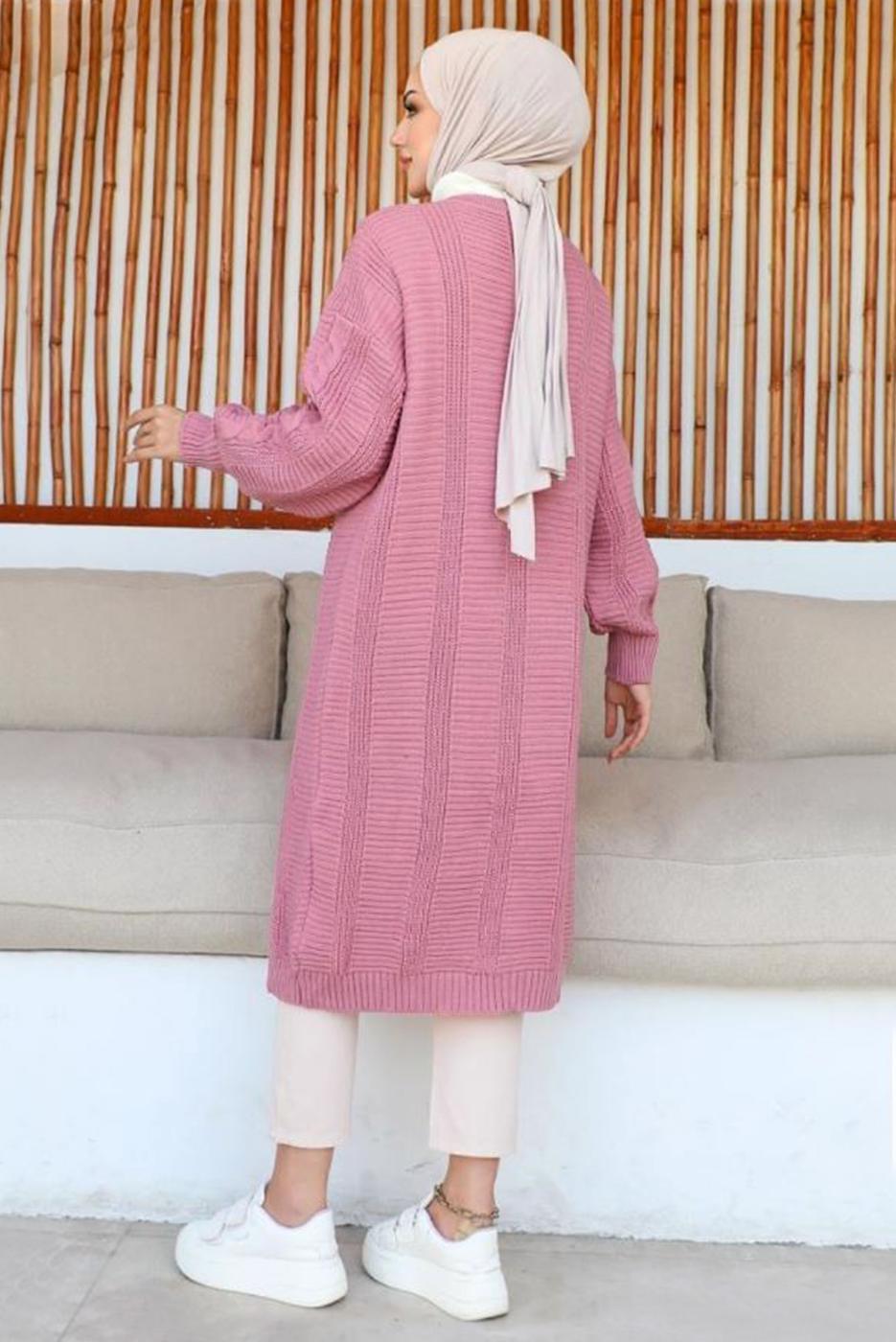 Tesettür giyim PEMBE UZUN TRİKO HIRKA T 0763