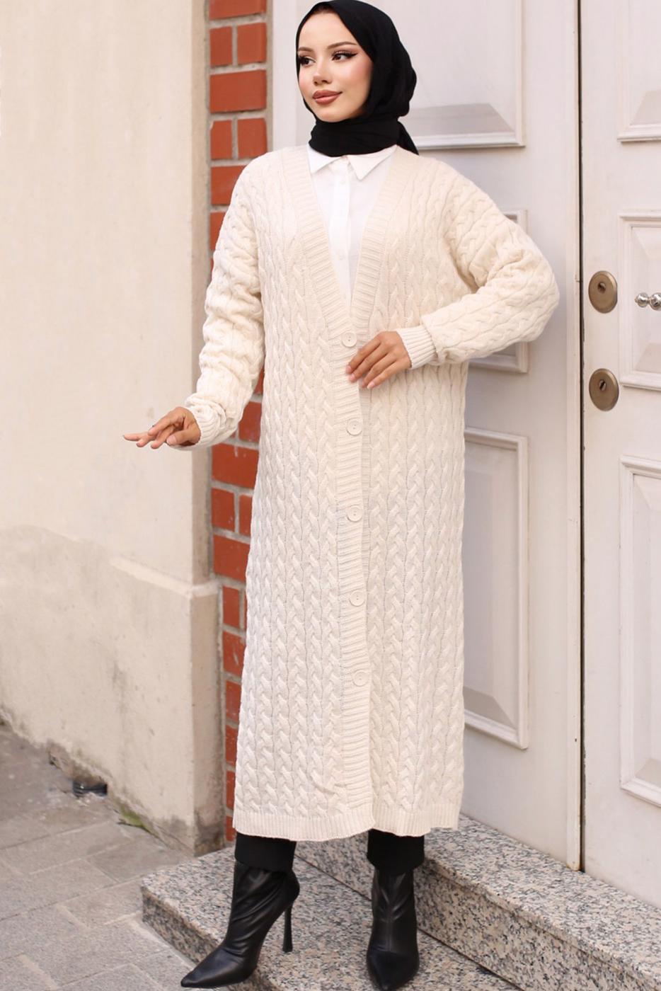 Tesettür giyim EKRU TRİKO HIRKA T 0773