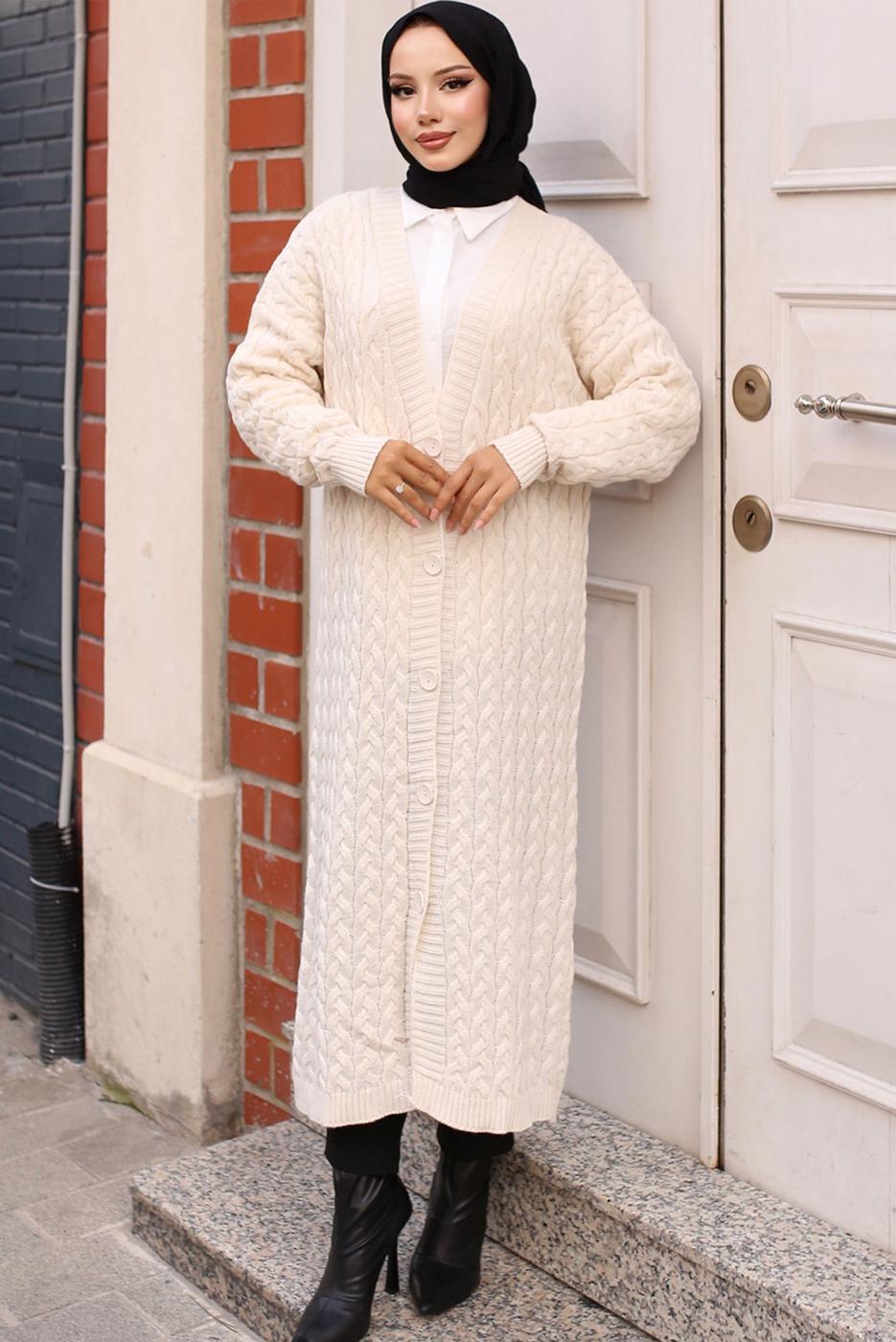 Tesettür giyim EKRU TRİKO HIRKA T 0773