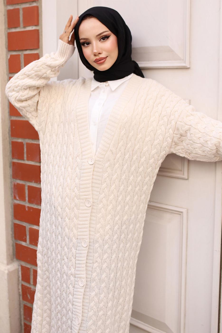 Tesettür giyim EKRU TRİKO HIRKA T 0773