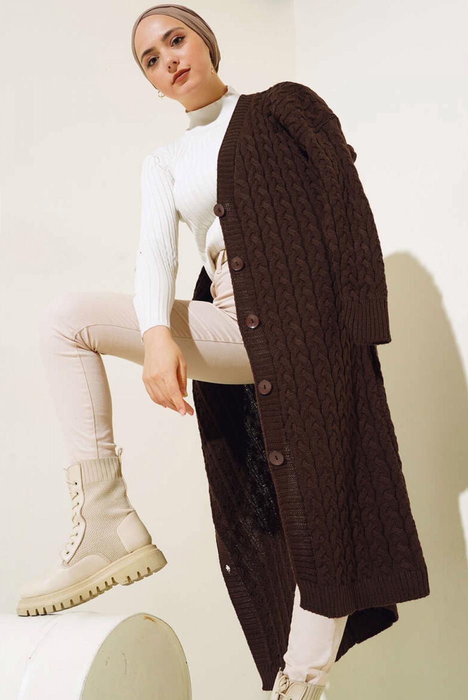 Tesettür giyim KAHVE TRİKO HIRKA T 0773