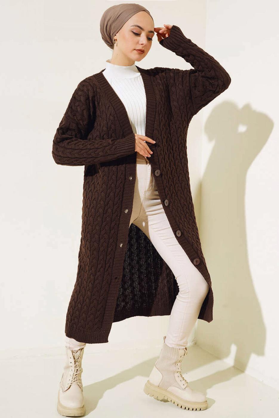 Tesettür giyim KAHVE TRİKO HIRKA T 0773