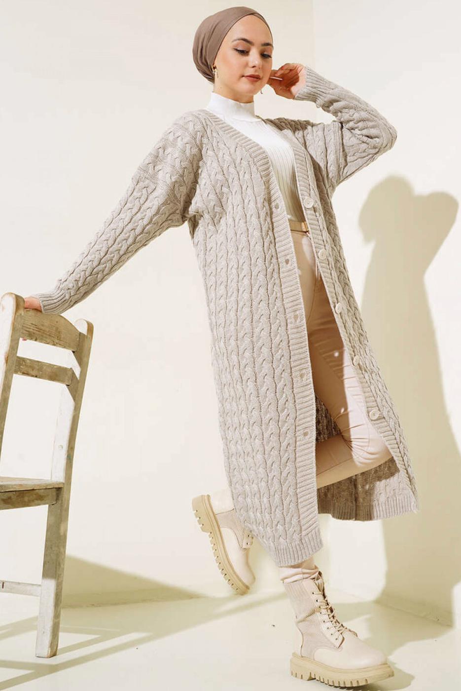 Tesettür giyim BEJ TRİKO HIRKA T 0773