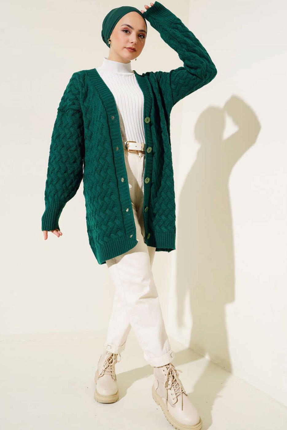 Tesettür giyim YEŞİL TRİKO HIRKA T 0963