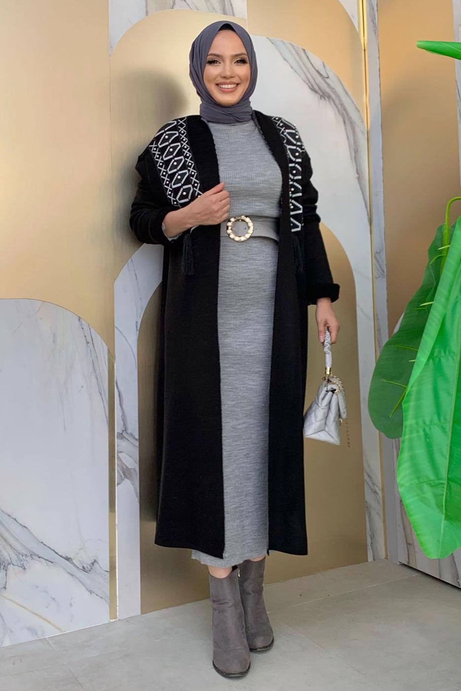 Tesettür giyim SİYAH DESENLİ TRİKO HIRKA T 10332