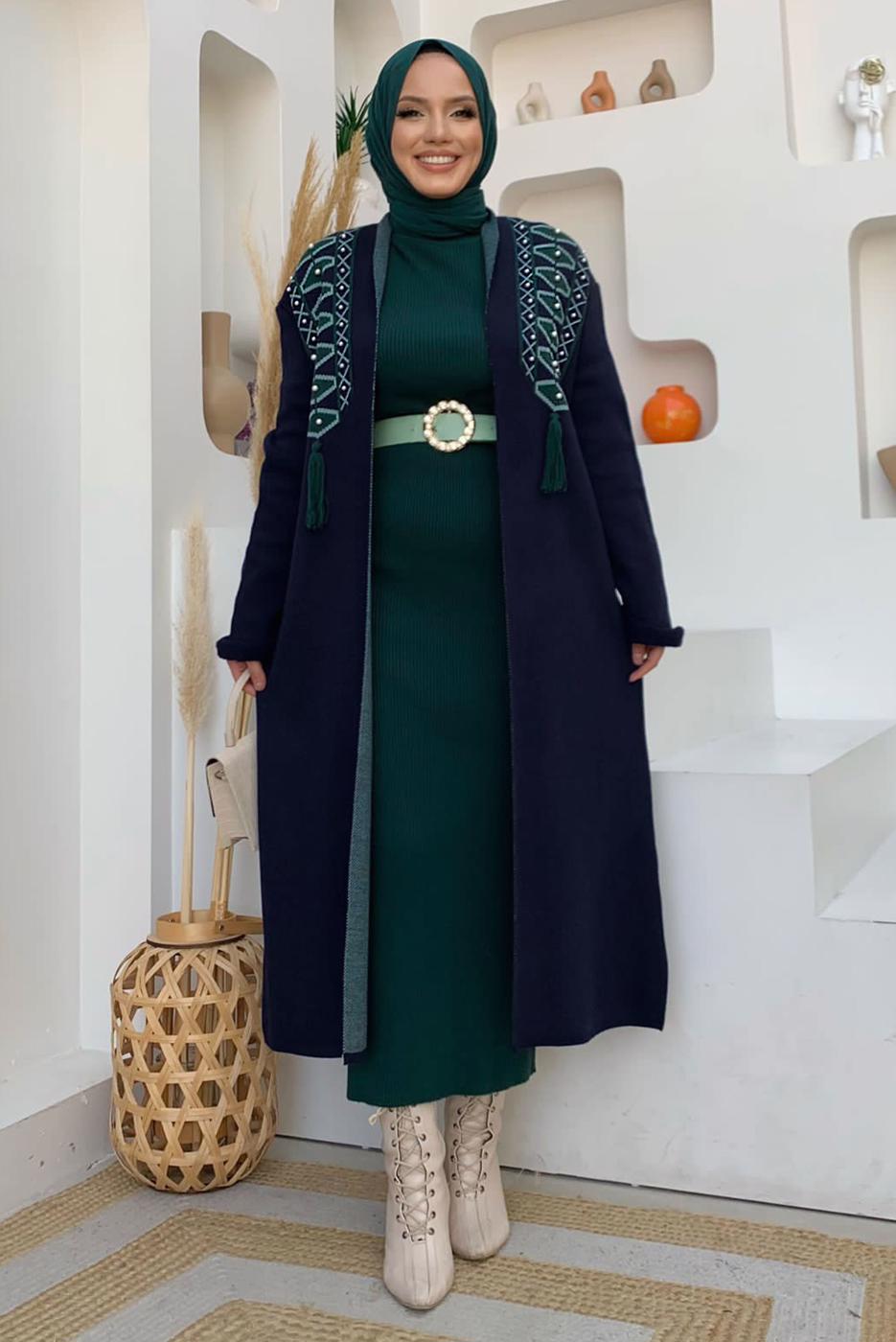 Tesettür giyim LACİVERT DESENLİ TRİKO HIRKA T 10332