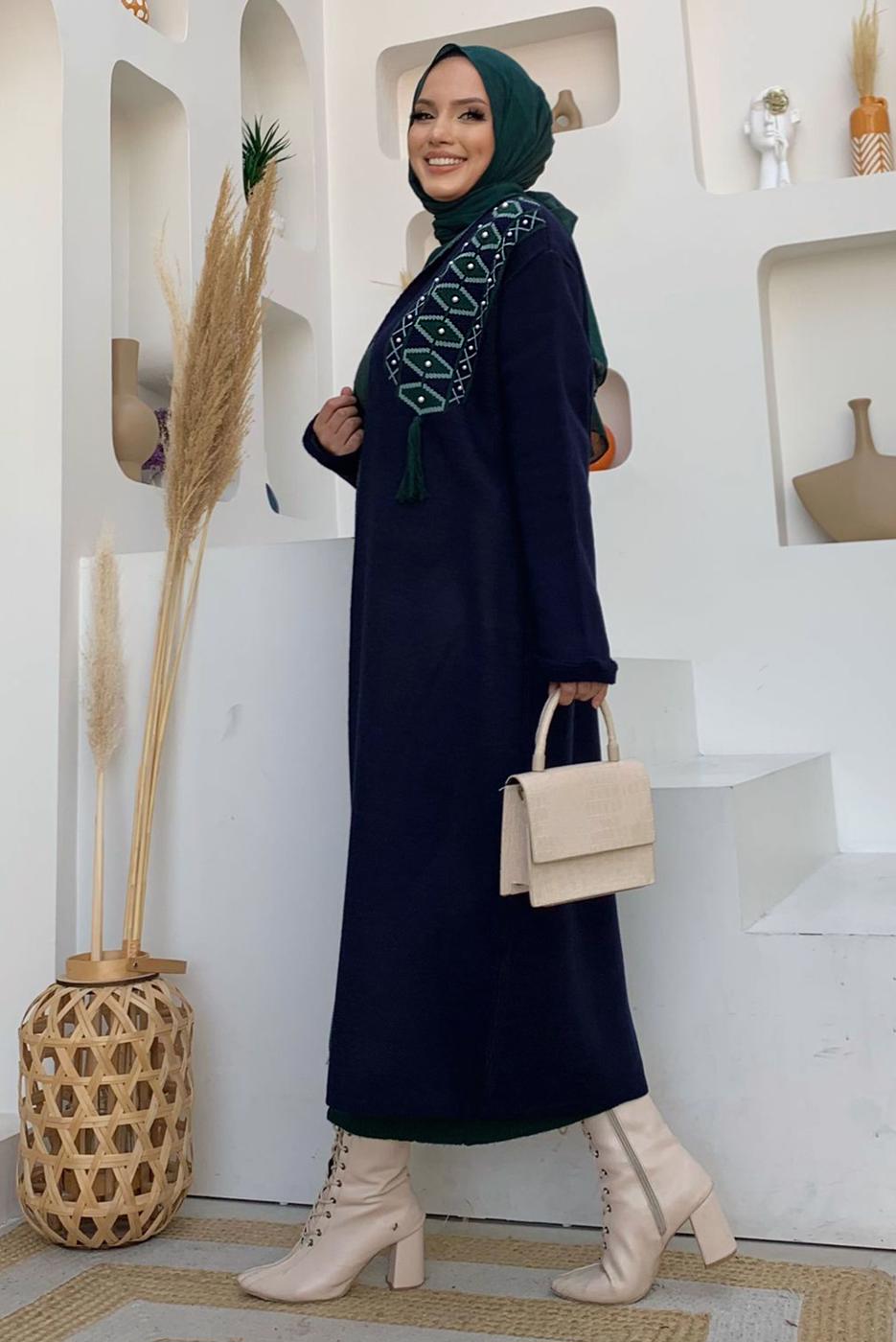 Tesettür giyim LACİVERT DESENLİ TRİKO HIRKA T 10332