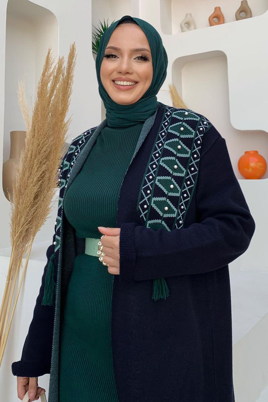 Tesettür giyim LACİVERT DESENLİ TRİKO HIRKA T 10332