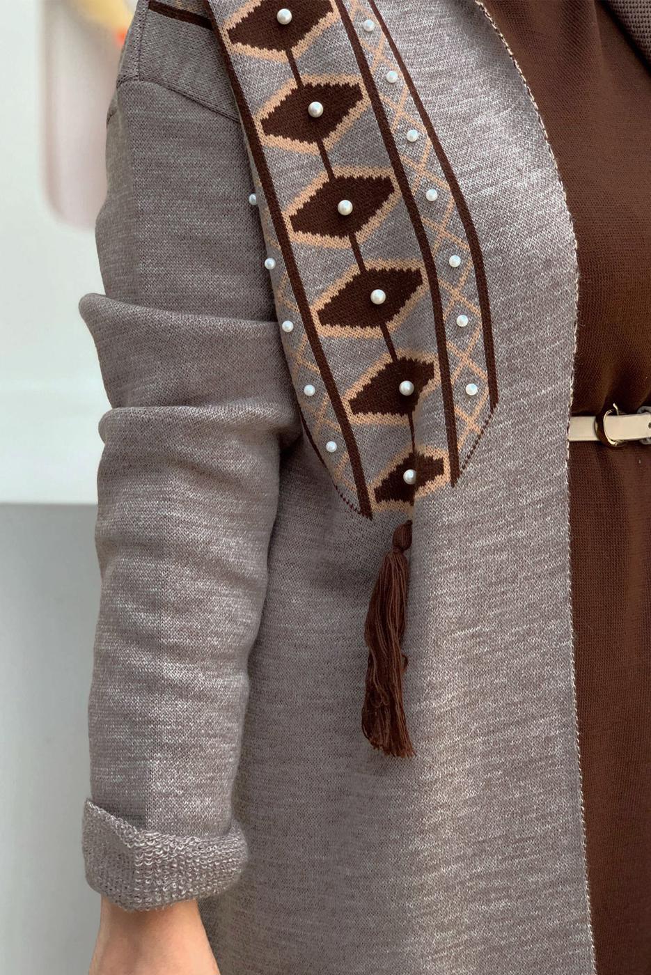 Tesettür giyim VİZON DESENLİ TRİKO HIRKA T 10332