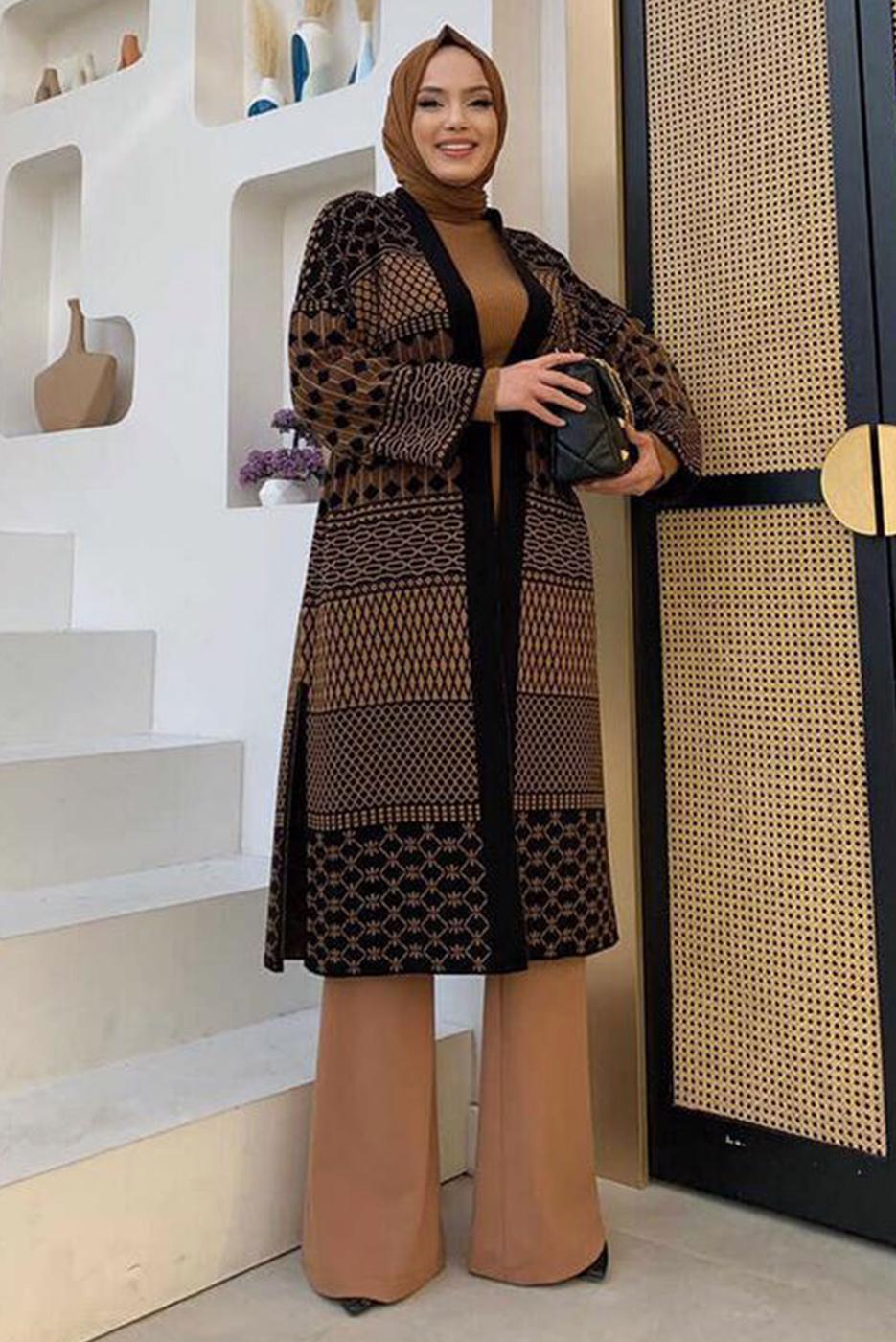 Tesettür giyim SİYAH DESENLİ TRİKO HIRKA T 1236