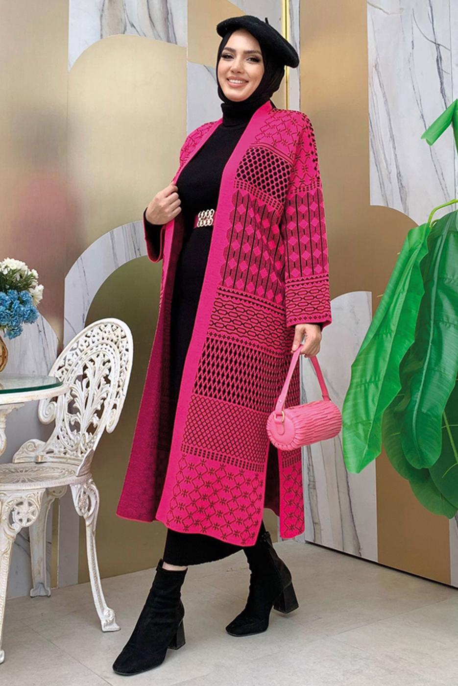 Tesettür giyim FUŞYA DESENLİ TRİKO HIRKA T 1236