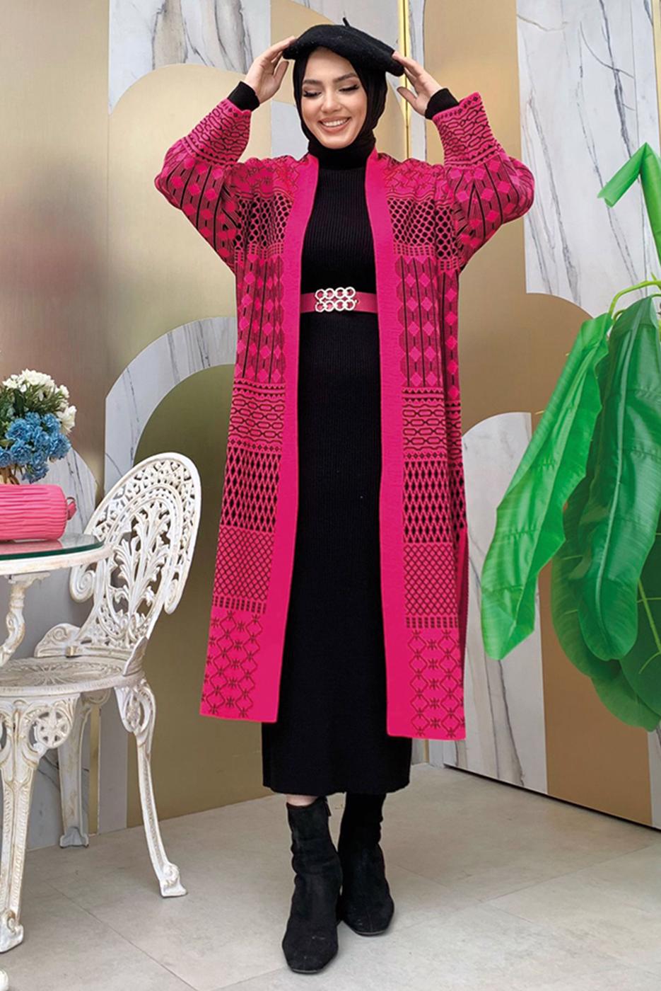 Tesettür giyim FUŞYA DESENLİ TRİKO HIRKA T 1236