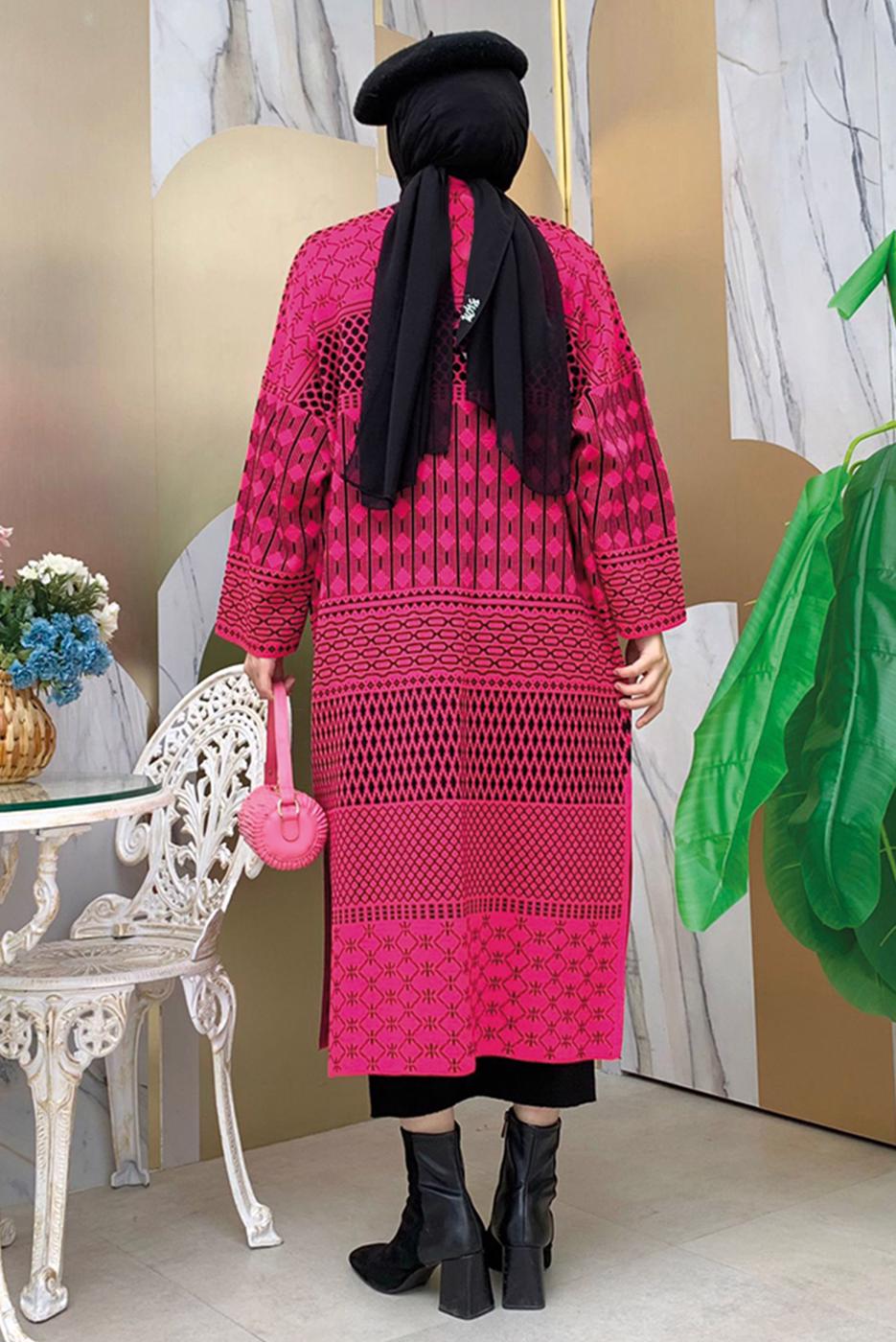 Tesettür giyim FUŞYA DESENLİ TRİKO HIRKA T 1236