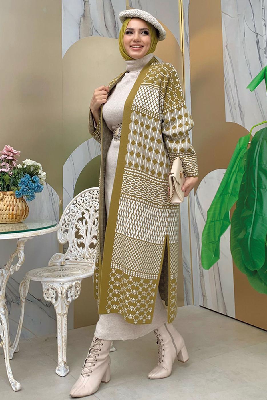 Tesettür giyim TABA DESENLİ TRİKO HIRKA T 1236