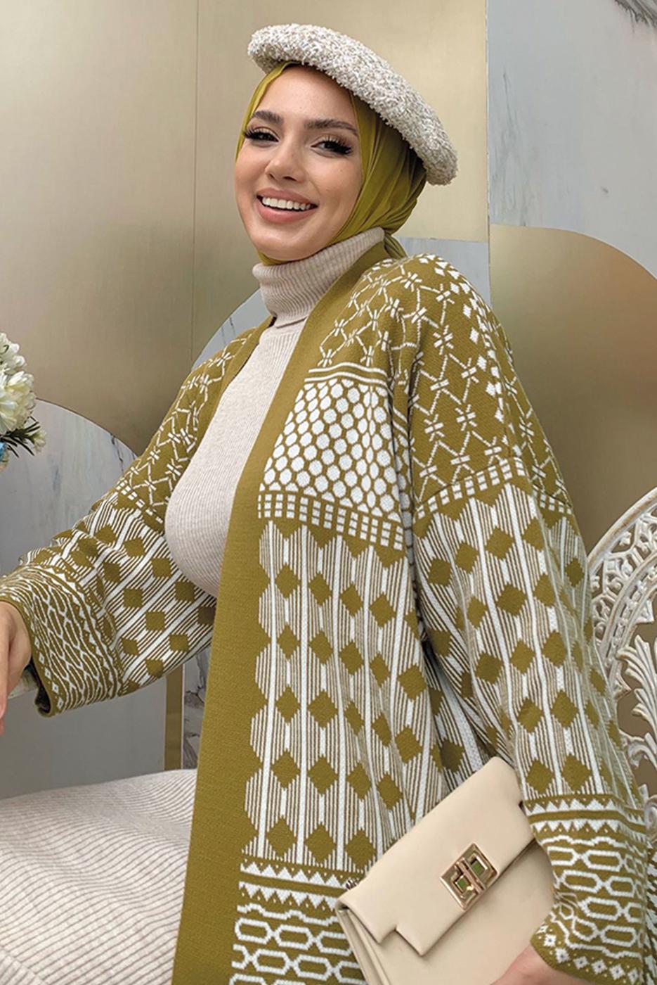 Tesettür giyim TABA DESENLİ TRİKO HIRKA T 1236