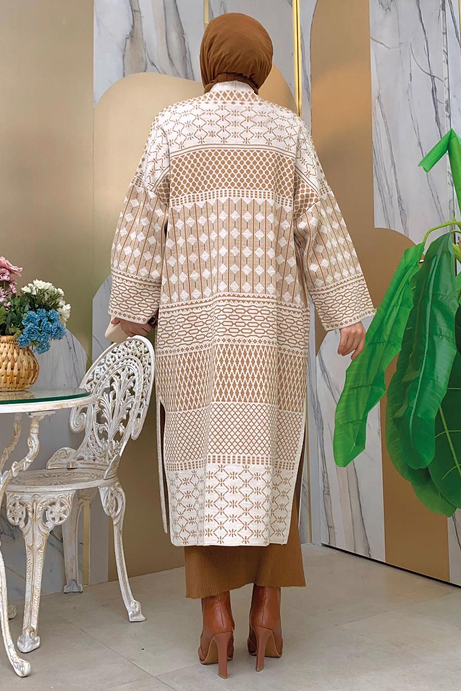 Tesettür giyim BEJ DESENLİ TRİKO HIRKA T 1236