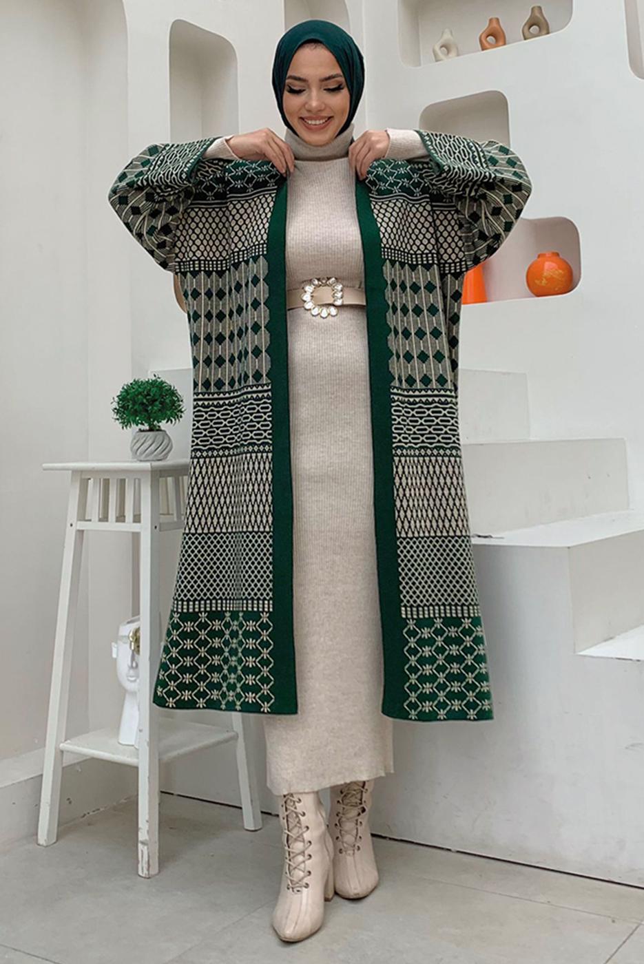 Hijab clothing GREEN PATTERNED KNITWEAR CARDIGAN T 1236