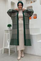 Hijab clothing GREEN PATTERNED KNITWEAR CARDIGAN T 1236