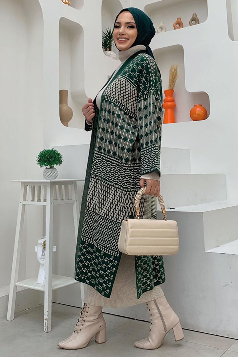 Hijab clothing GREEN PATTERNED KNITWEAR CARDIGAN T 1236