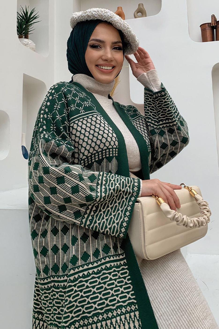 Hijab clothing GREEN PATTERNED KNITWEAR CARDIGAN T 1236