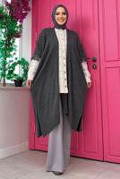 Tesettür giyim GRİ PÜSKÜL DETAYLI TRİKO HIRKA T 1341