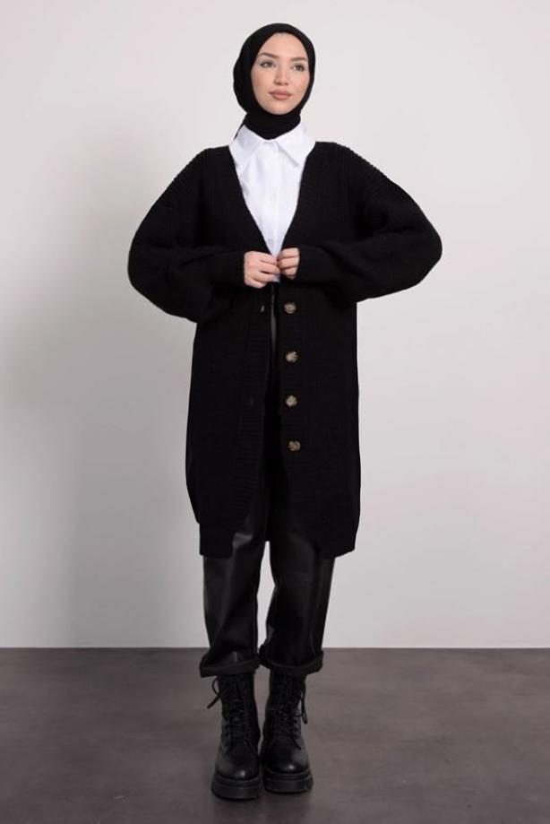 Tesettür giyim SİYAH KARPUZ KOL TRİKO HIRKA T 1876 - TRENDTESETTÜR