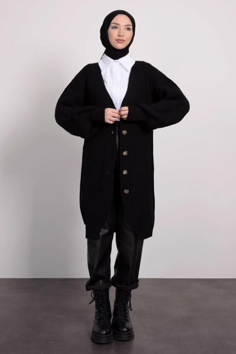 Tesettür giyim SİYAH KARPUZ KOL TRİKO HIRKA T 1876