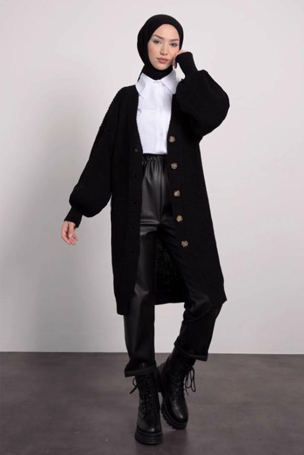 Tesettür giyim SİYAH KARPUZ KOL TRİKO HIRKA T 1876 - TRENDTESETTÜR