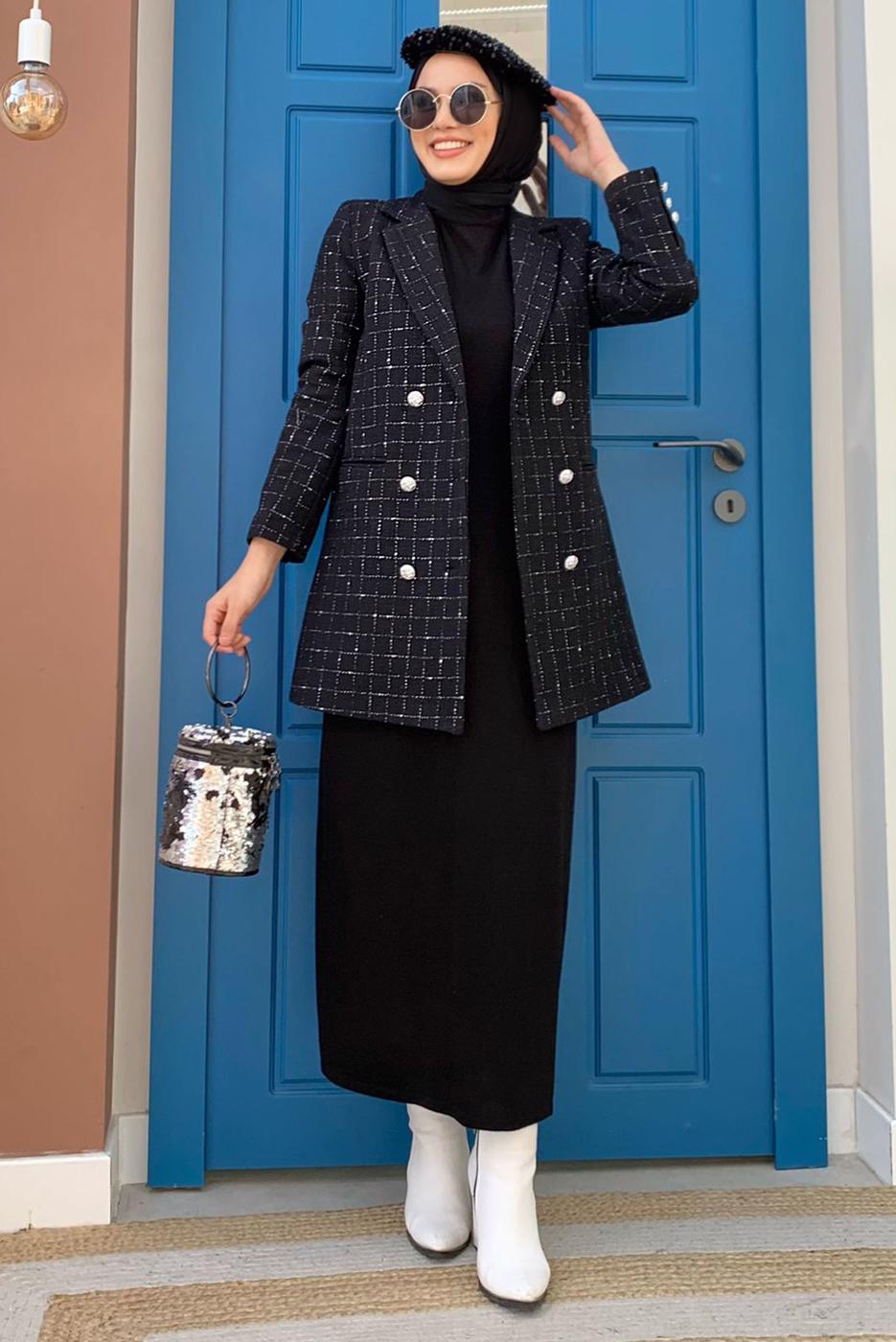 Tesettür giyim SİYAH KARE DESENLİ CEKET T 2177