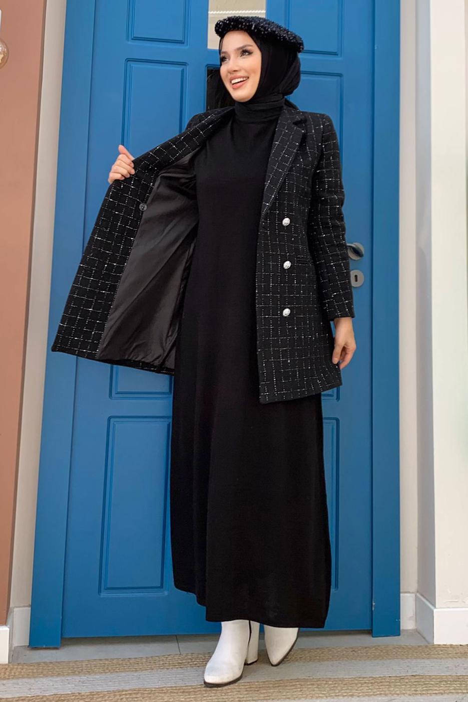 Tesettür giyim SİYAH KARE DESENLİ CEKET T 2177