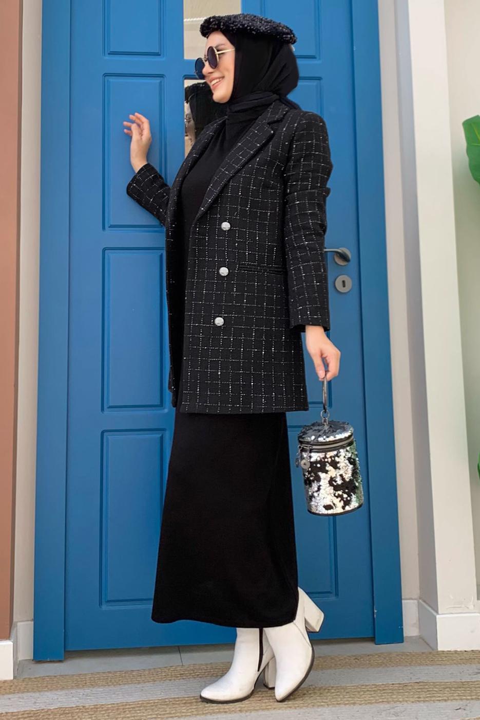 Tesettür giyim SİYAH KARE DESENLİ CEKET T 2177