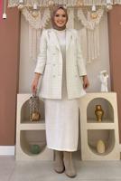 Tesettür giyim EKRU KARE DESENLİ CEKET T 2177