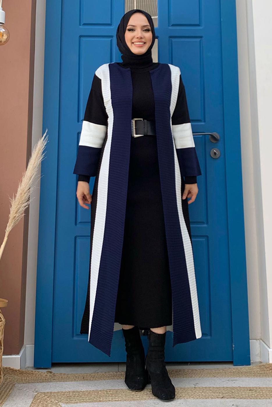 Hijab clothing NAVY BLUE STRIPED KNITWEAR JACKET T 31332