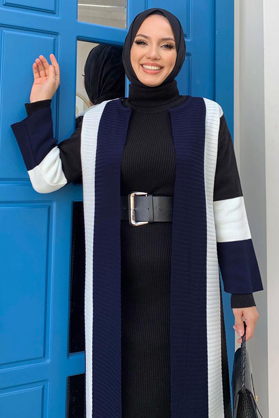 Hijab clothing NAVY BLUE STRIPED KNITWEAR JACKET T 31332