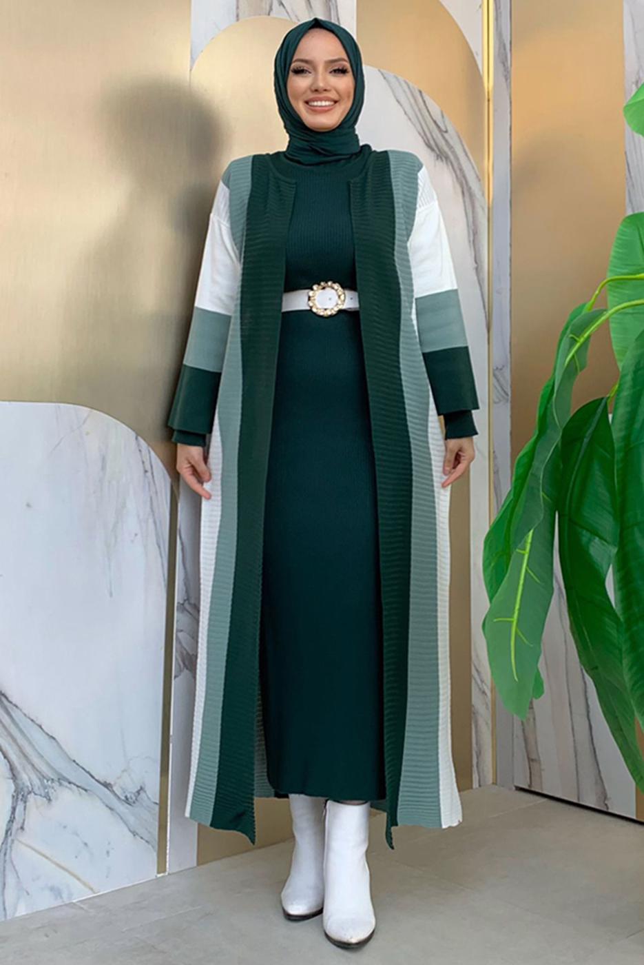 Hijab clothing GREEN STRIPED KNITWEAR JACKET T 31332