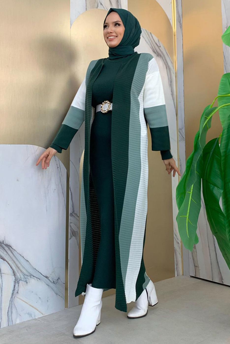 Hijab clothing GREEN STRIPED KNITWEAR JACKET T 31332