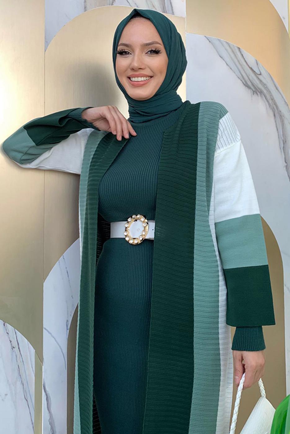 Hijab clothing GREEN STRIPED KNITWEAR JACKET T 31332