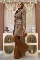 Tesettür giyim VİZON KAPÜŞONLU TRİKO HIRKA T 3161