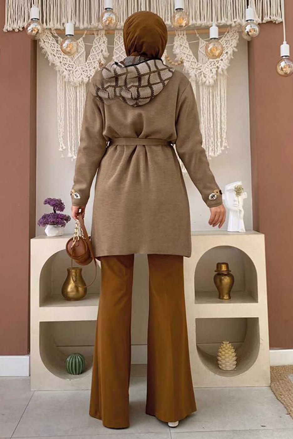 Tesettür giyim VİZON KAPÜŞONLU TRİKO HIRKA T 3161