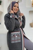 Tesettür giyim GRİ KAPÜŞONLU TRİKO HIRKA T 3161