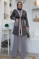Tesettür giyim GRİ KAPÜŞONLU TRİKO HIRKA T 3161