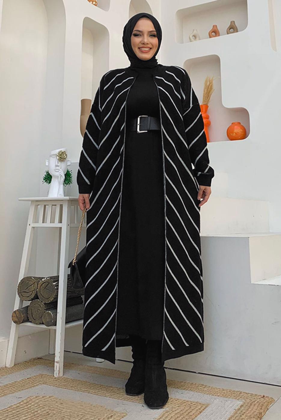 Tesettür giyim SİYAH ÇİZGİLİ TRİKO HIRKA T 3316