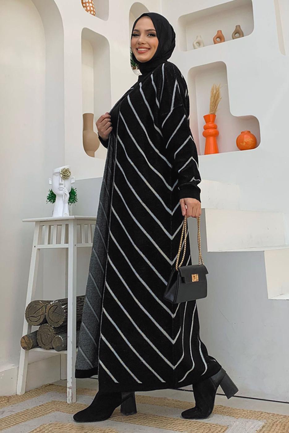 Tesettür giyim SİYAH ÇİZGİLİ TRİKO HIRKA T 3316