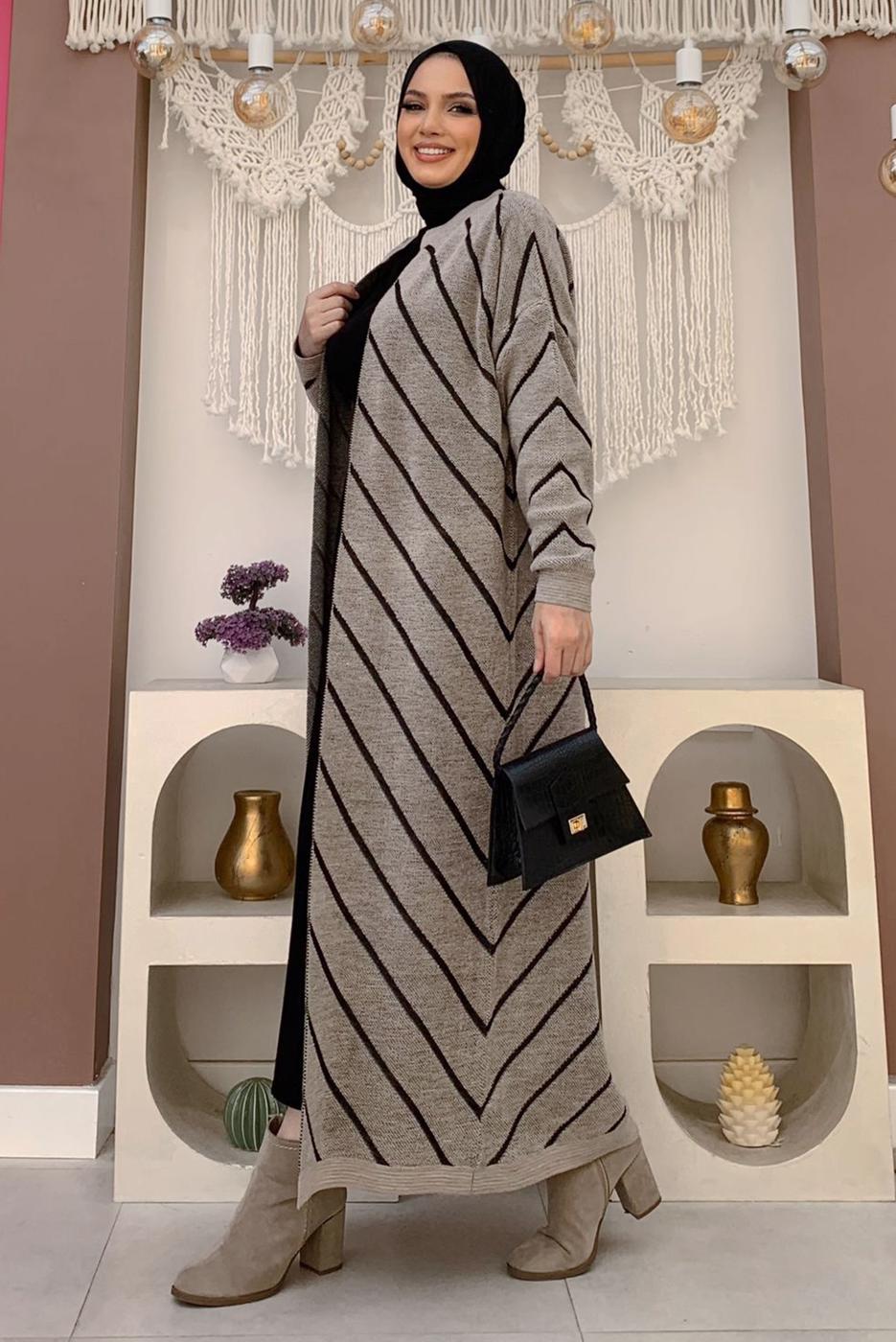 Tesettür giyim VİZON ÇİZGİLİ TRİKO HIRKA T 3316