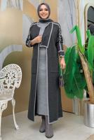 Tesettür giyim GRİ KUŞAKLI TRİKO HIRKA T 34112