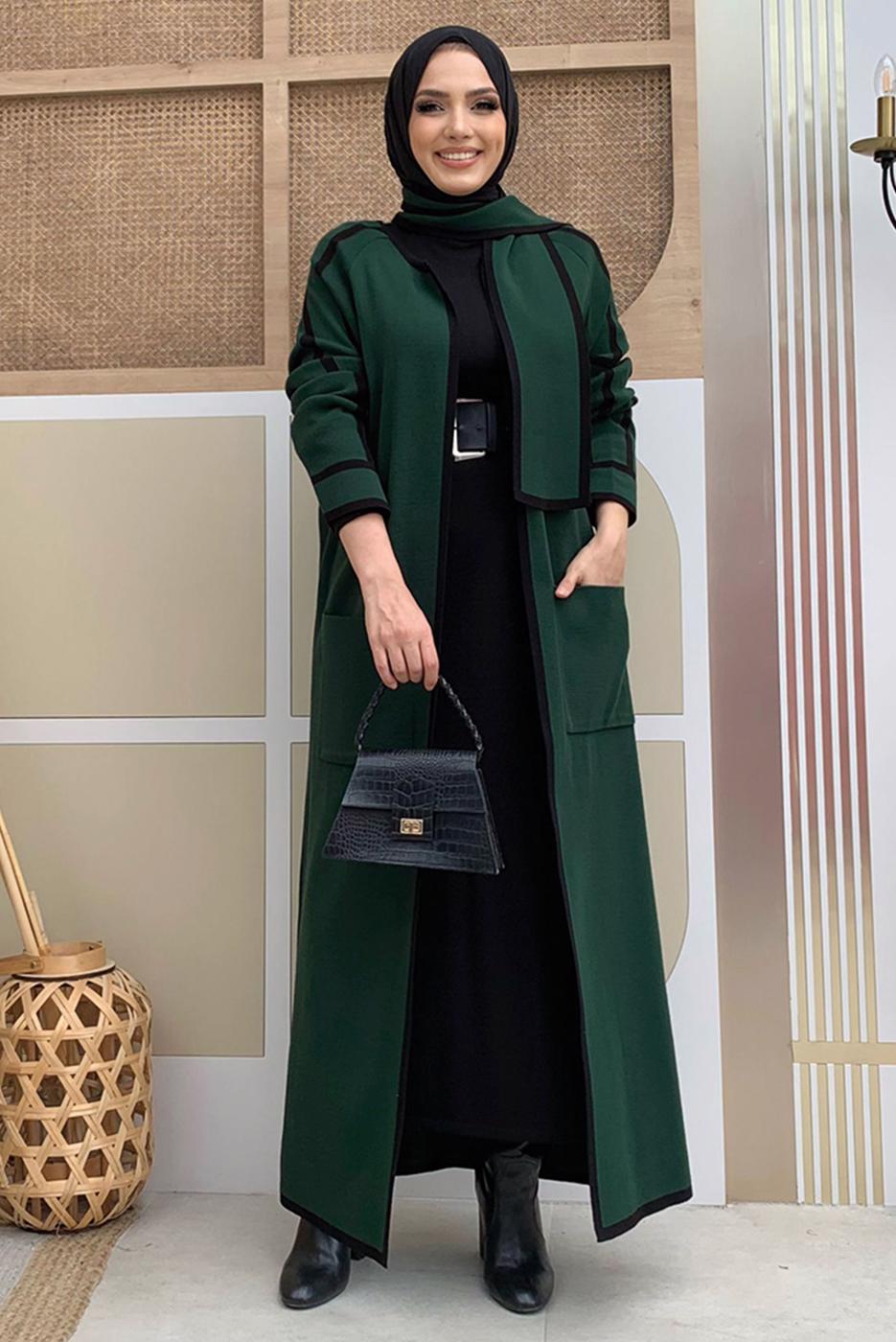 Tesettür giyim YEŞİL KUŞAKLI TRİKO HIRKA T 34112