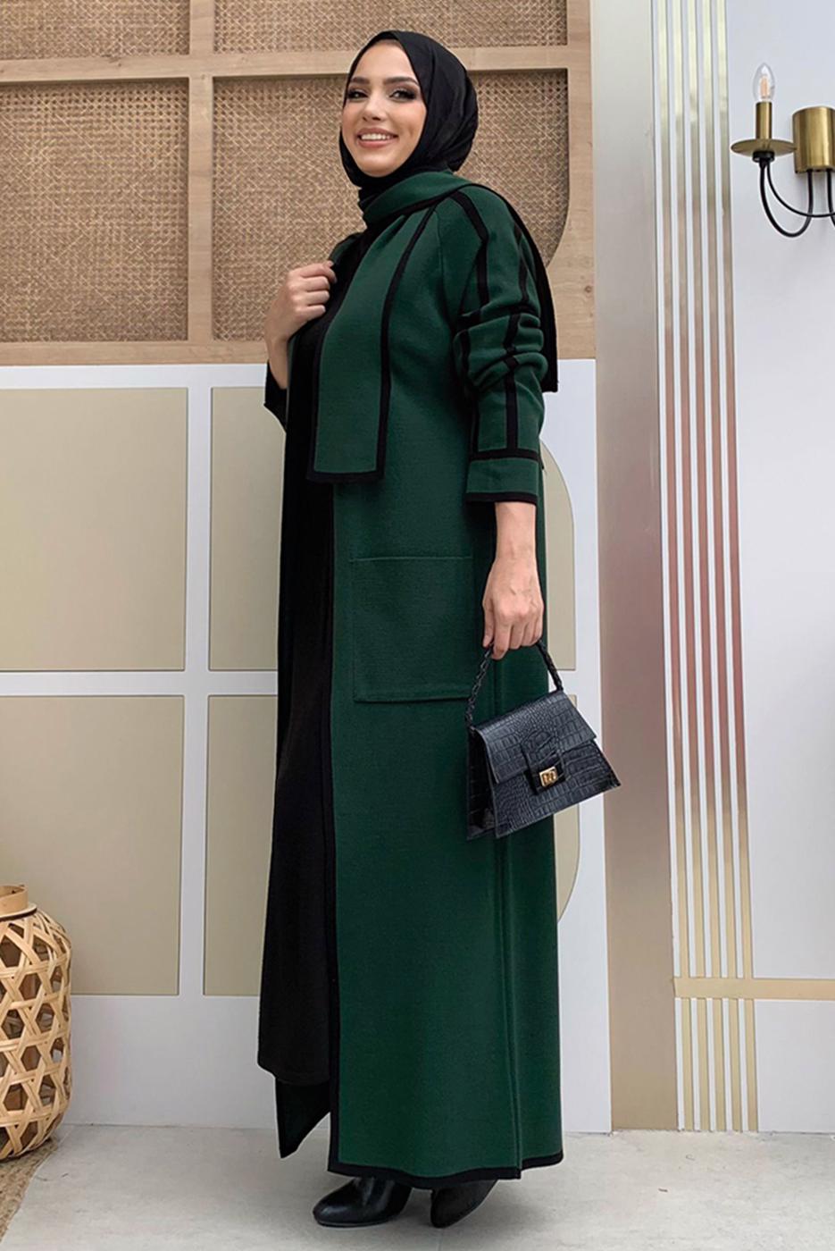 Tesettür giyim YEŞİL KUŞAKLI TRİKO HIRKA T 34112