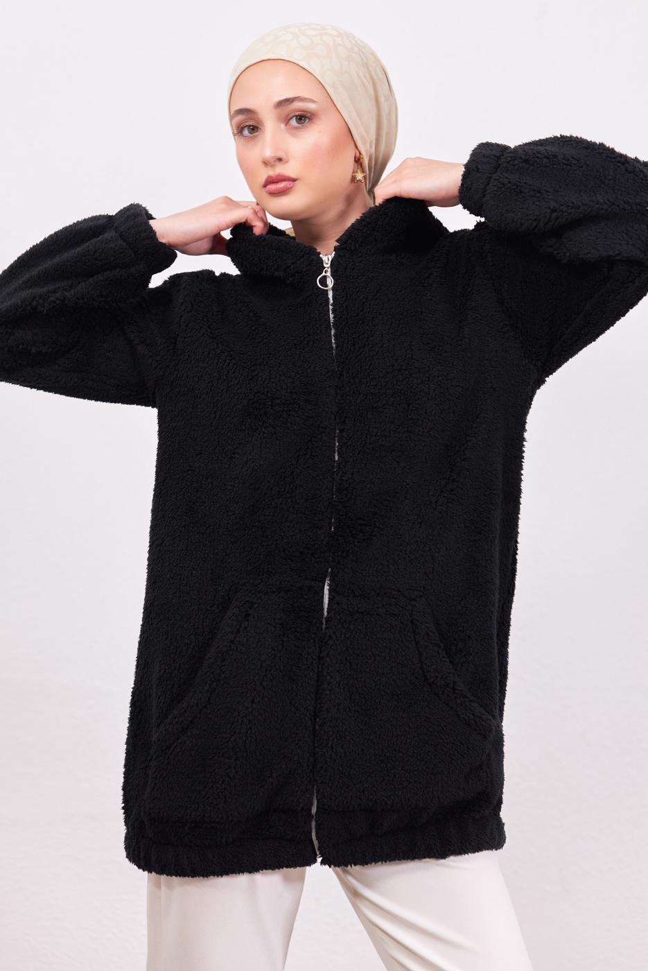 Hijab clothing BLACK HOODED PLUSHY JACKET T 3453