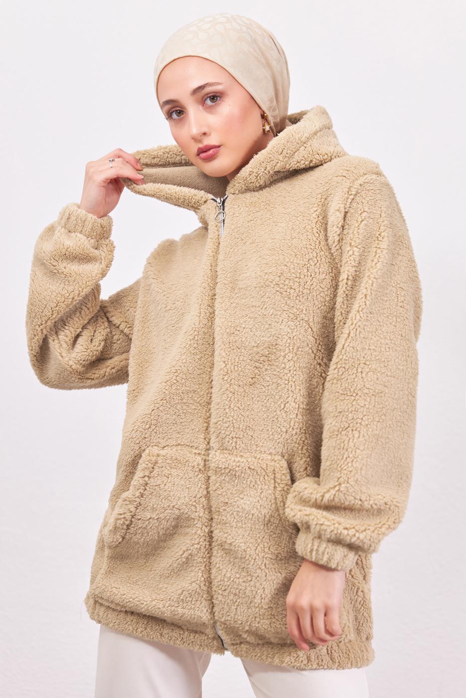 Vêtements hijab BEIGE VESTE PELUCHE À CAPUCHE T 3453