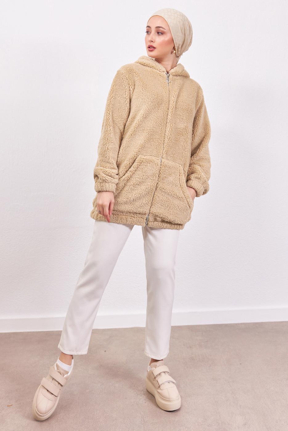 Vêtements hijab BEIGE VESTE PELUCHE À CAPUCHE T 3453